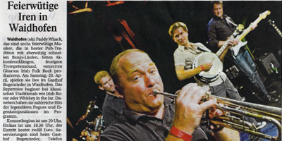 Am 23.04.2016 spielt die Irish Folk Band Paddy Whack im Gasthof Bogenrieder in Waidhofen.