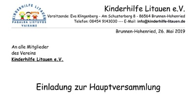 Beitragsbild Einladung zur Jahreshauptversammlung der Kinderhilfe Litauen