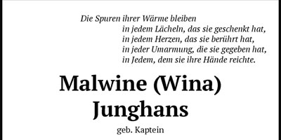 Malwine Junghans in unseren Herzen