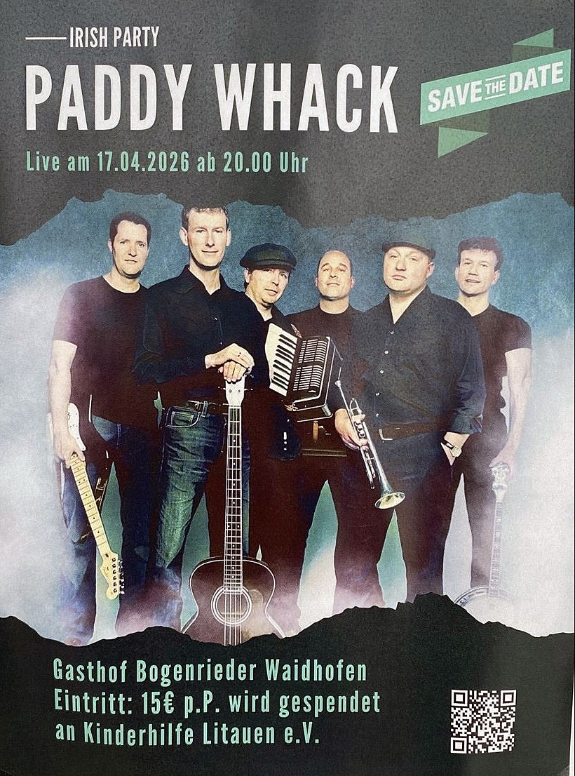 Plakat zur ankündigung von Irish Party mit Paddy Whack bei Bogenrieder 2026