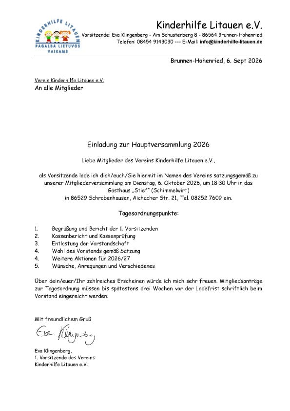 Mitgliederversammlung mit Wahl des Vorstand am 6. Oktober 2026